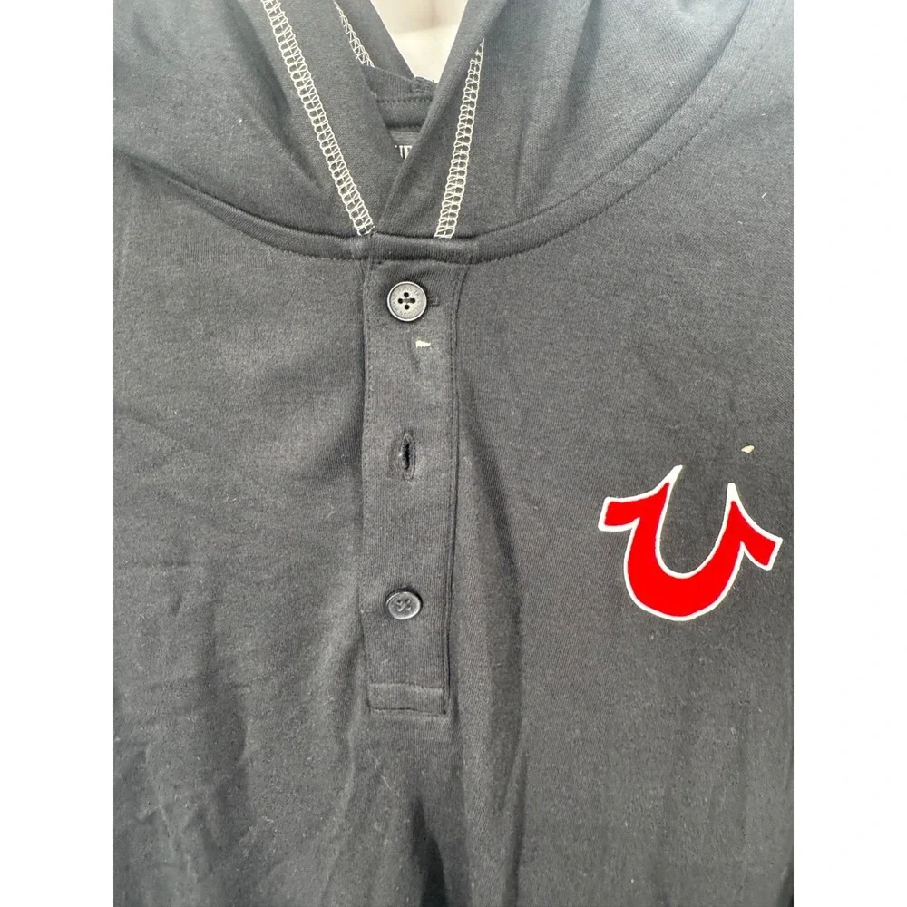 NWT True Religion Flocked Logo Hooded Henley T-Shirt Shirt Men's Large Jet Black
